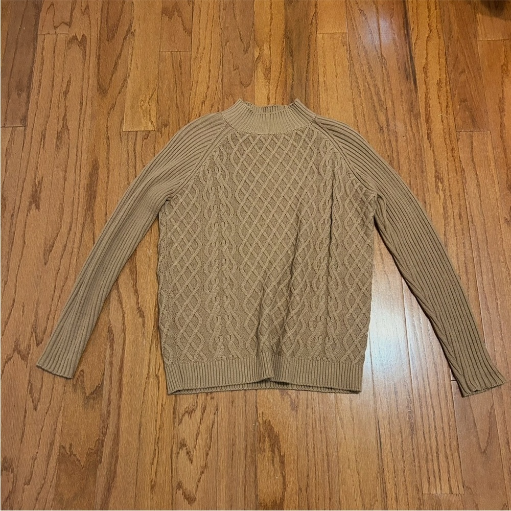BCBGMaxAzria Tan Cable Knit Sweater Mock Neck Ribbed Sleeve XS Classic Luxury - Picture 2 of 7